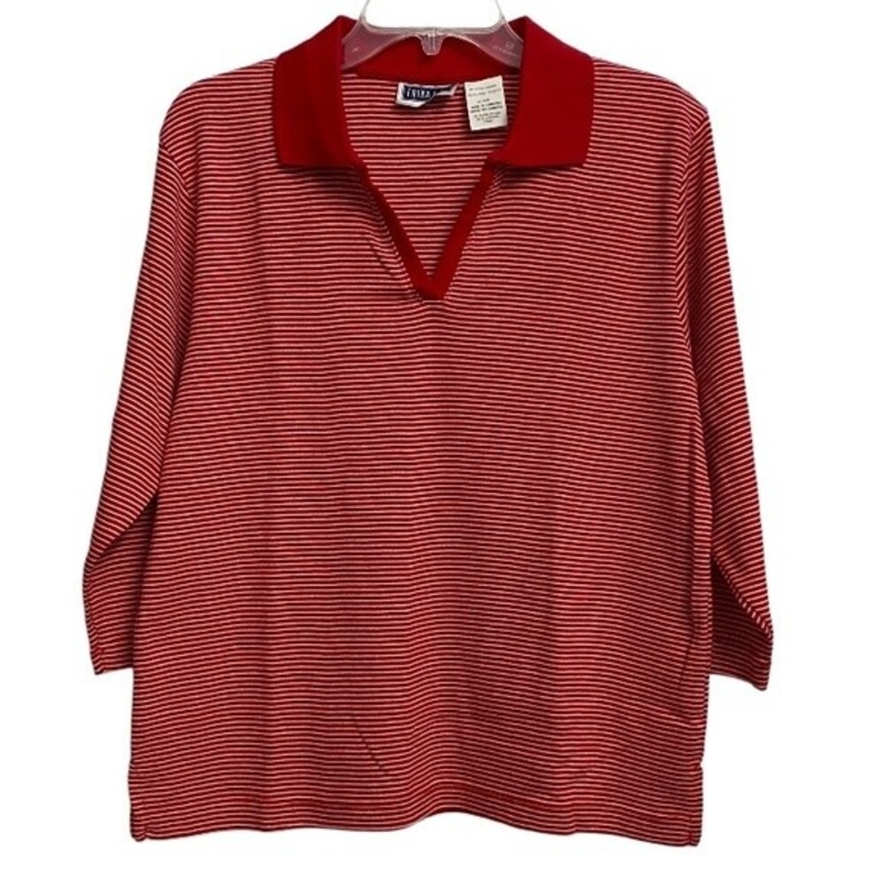 Erika & Co Women's Polo Pullover Shirt Size L Red White Stripes 3/4 Sleeves